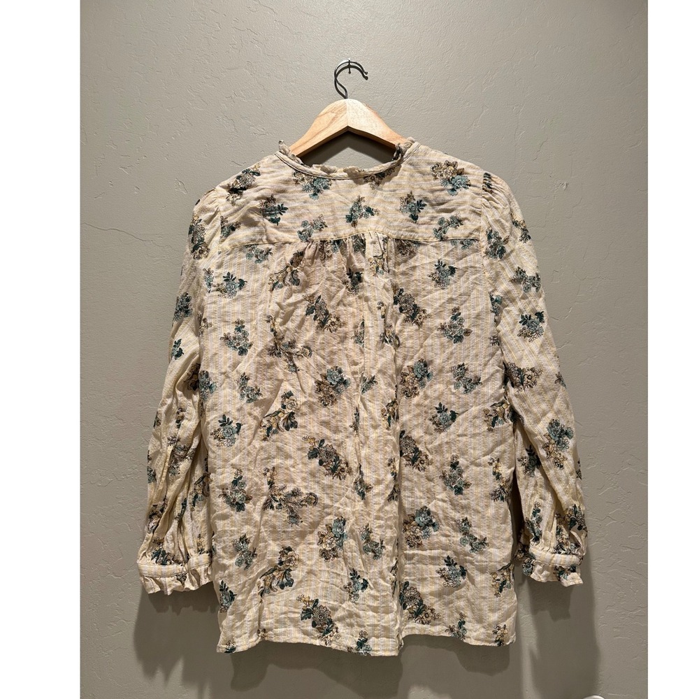 LOFT Floral Bouquet Ruffle Neck Button Front Cotton Blouse Large Peasant Boho - Picture 5 of 10